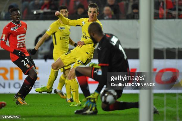 Paris Saint-Germain's Argentinian midfielder Giovanni Lo Celso scores a goal during the French League Cup football semi-final match between Rennes...