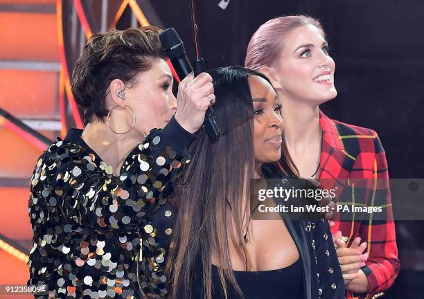 Emma Willis, Malika Haqq and Ashley James during a Celebrity Big Brother triple eviction.