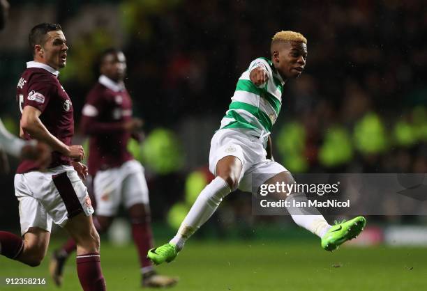 Charly Musonda of Celtic shoots at goal during the Scottish Premier League match between Celtic and Heart of Midlothian at Celtic Park on January 30,...