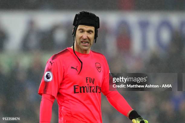 Petr Cech of Arsenal reacts at the end of the Premier League match between Swansea City and Arsenal at Liberty Stadium on January 30, 2018 in...