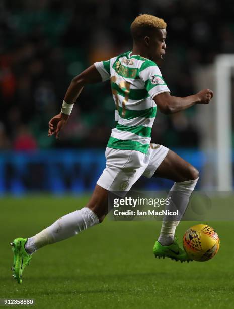 Charly Musonda of Celtic runs with the balll during the Scottish Premier League match between Celtic and Heart of Midlothian at Celtic Park on...