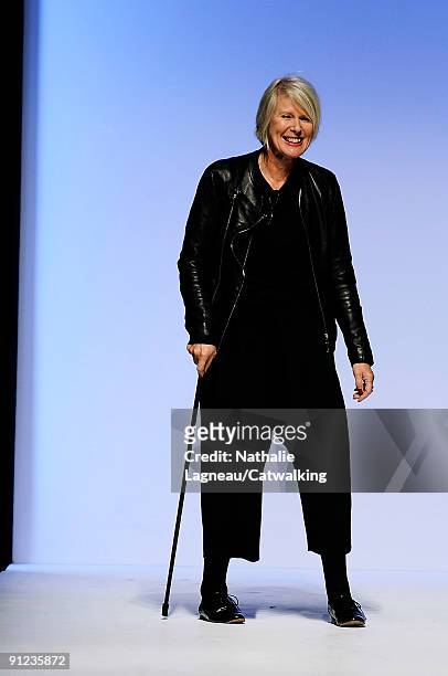 Betty Jackson walks down the catwalk during the Betty Jackson fashion show as part of London Fashion Week at the BFT Tent, Somerset House on...