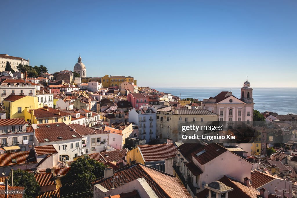 View across Alfama neighborhood from Miradouro de Santa Luzia, Lisbon, Portugal