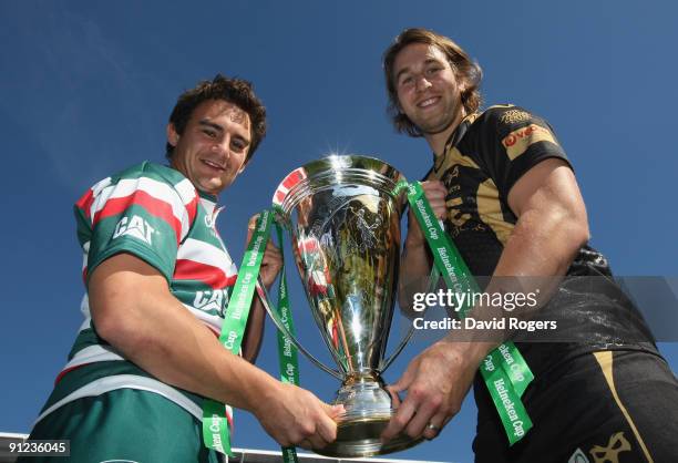 Harry Ellis of Leicester Tigers and Ryan Jones of the Ospreys hold the Heineken Cup during the Heineken Cup UK Launch at the Madejski Stadium on...