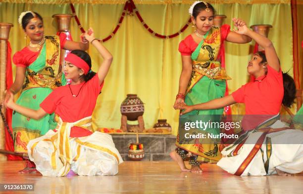 Tamil youth perform a harvest dance during a cultural program celebrating Tamil Heritage Month and the Festival of Thai Pongal in Markham, Ontario,...