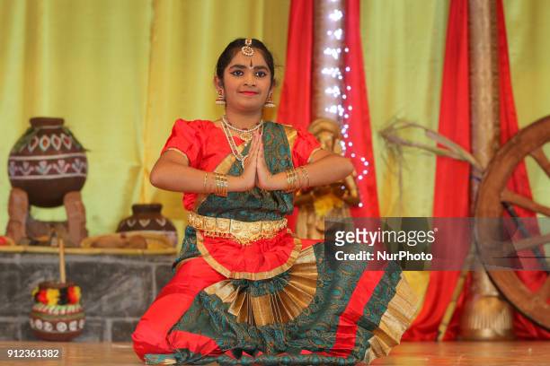 Tamil Bharatnatyam dancer performs a traditional dance during a cultural program celebrating Tamil Heritage Month and the Festival of Thai Pongal in...