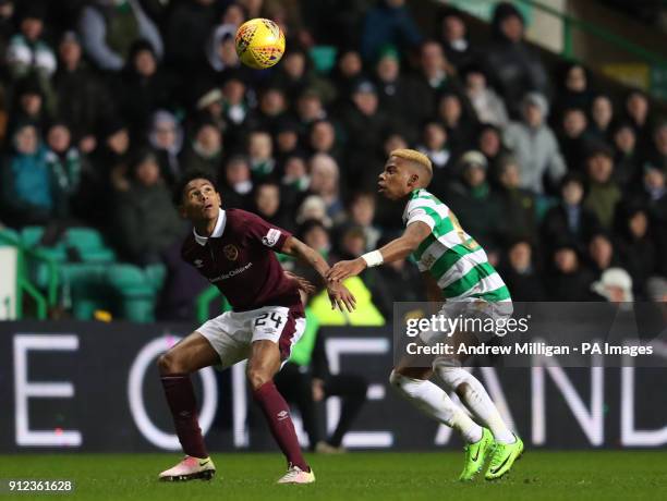 Celtic's Charly Musonda challenges Hearts' Demetri Mitchell during the Scottish Premiership match at Celtic Park, Glasgow.