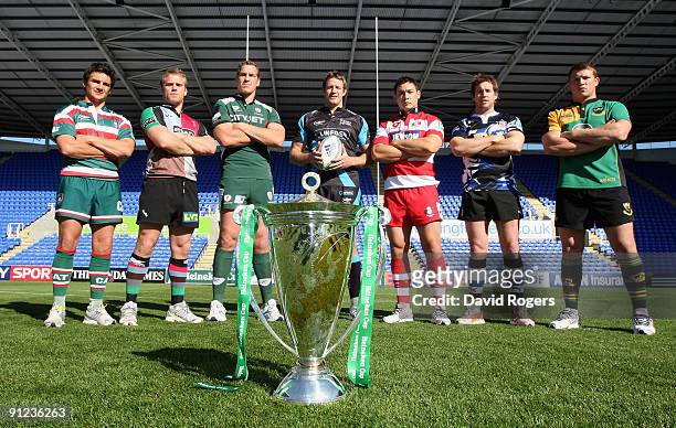 England Premiership players Harry Ellis, , Will Skinner , Bob Casey , Dean Schofield , Gareth Delve , Butch James and Dylan Hartley pose with the...