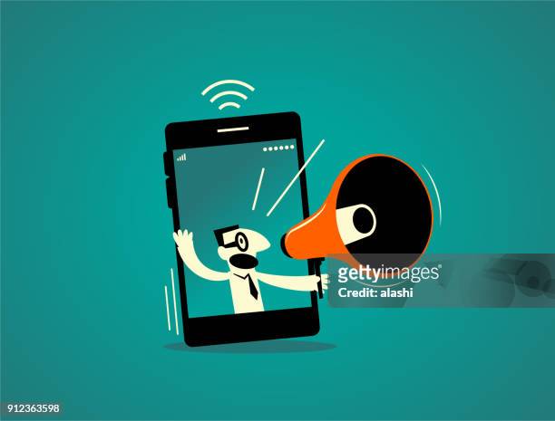 ilustraciones, imágenes clip art, dibujos animados e iconos de stock de empresario dentro de un smartphone (teléfono móvil) con megáfono, en directo - protest mobile