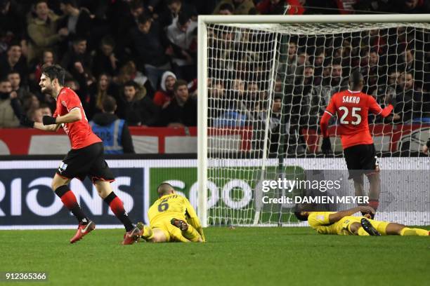 Rennes' French midfielder Sanjin Prcic celebrates after scoring a goal during the French League Cup football semi-final match between Rennes and...