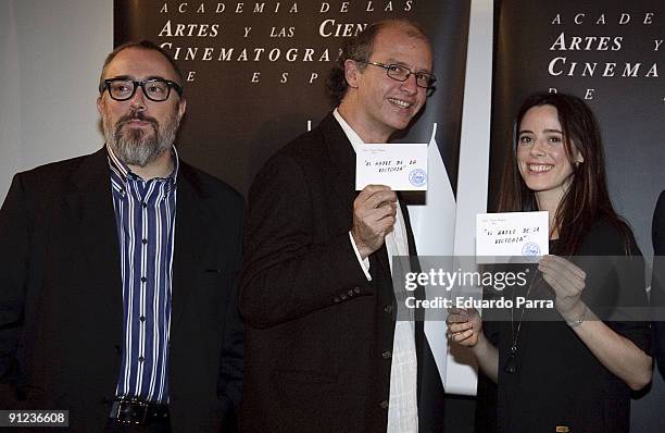 President of the Spanish Cinema Academy Alex de la iglesia, director Juan Carlos Rulfo and actress Pilar Lopez de Ayala attend the unveiling of the...