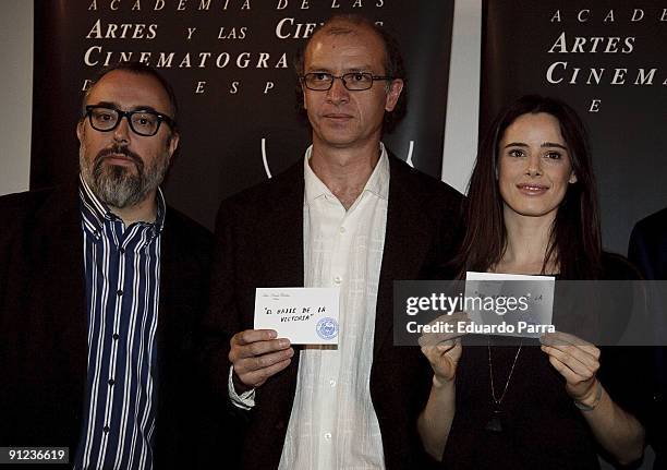 President of the Spanish Cinema Academy Alex de la iglesia, director Juan Carlos Rulfo and actress Pilar Lopez de Ayala attend the unveiling of the...