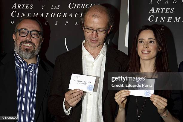 President of the Spanish Cinema Academy Alex de la iglesia, director Juan Carlos Rulfo and actress Pilar Lopez de Ayala attend the unveiling of the...