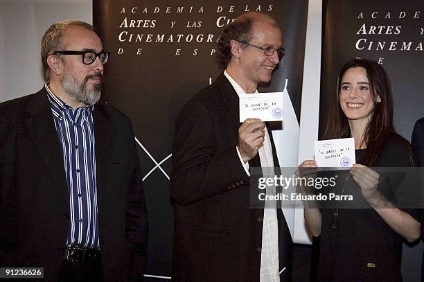 President of the Spanish Cinema Academy Alex de la iglesia, director Juan Carlos Rulfo and actress Pilar Lopez de Ayala attend the unveiling of the...