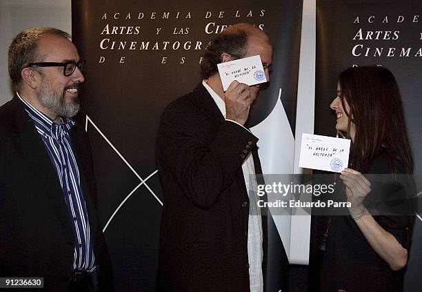 President of the Spanish Cinema Academy Alex de la iglesia, director Juan Carlos Rulfo and actress Pilar Lopez de Ayala attend the unveiling of the...