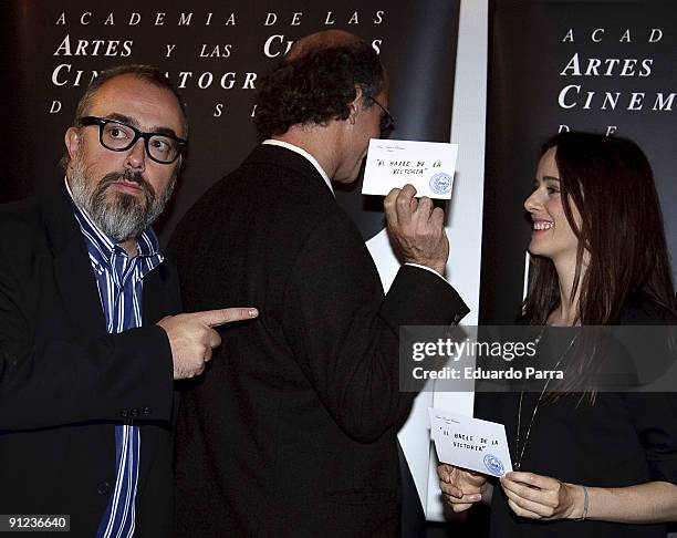 President of the Spanish Cinema Academy Alex de la iglesia, director Juan Carlos Rulfo and actress Pilar Lopez de Ayala attend the unveiling of the...