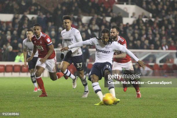 Preston North End's Daniel Johnson scores his sides third goal from the penalty spot during the Sky Bet Championship match between Nottingham Forest...