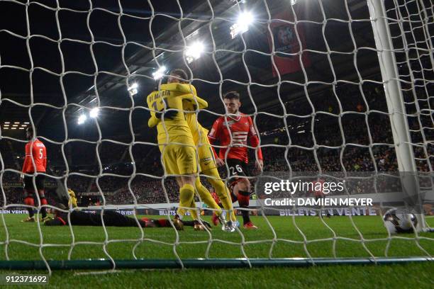 Paris Saint-Germain's Argentinian forward Angel Di Maria and Paris Saint-Germain's Brazilian forward Neymar after their team scored a goal during the...