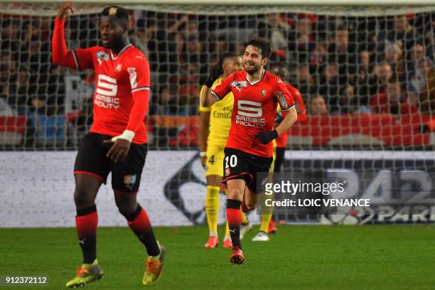 Rennes' French midfielder Sanjin Prcic celebrates after scoring a goal during the French League Cup football semi-final match between Rennes and...