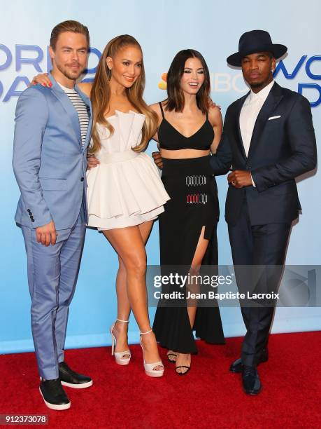 Derek Hough, Jennifer Lopez, Jenna Dewan Tatum and Ne-Yo attend a photo op for NBC's 'World Of Dance' on January 30, 2018 in Burbank, California.