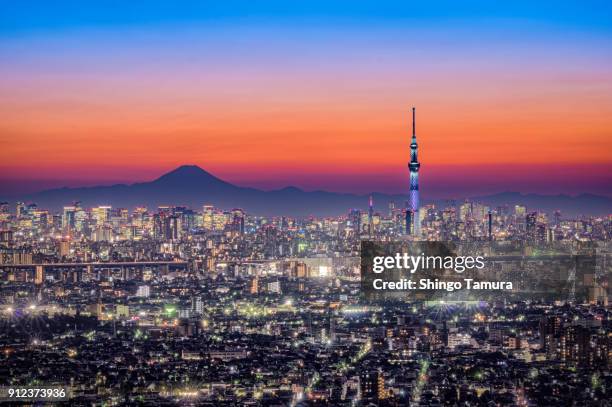 tokyo skytree with mt. fuji in twilight - スカイツリー ストックフォトと画像