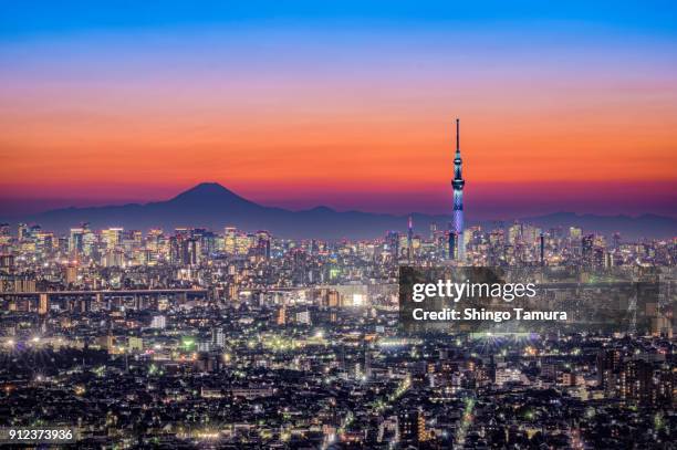 tokyo skytree with mt. fuji in twilight - tokyo skytree stock pictures, royalty-free photos & images