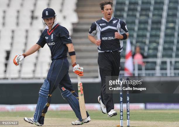 Joe Denly of England bowled by Shane Bond of New Zealand for 5 runs during the ICC Champions Trophy match between England and New Zealand played at...