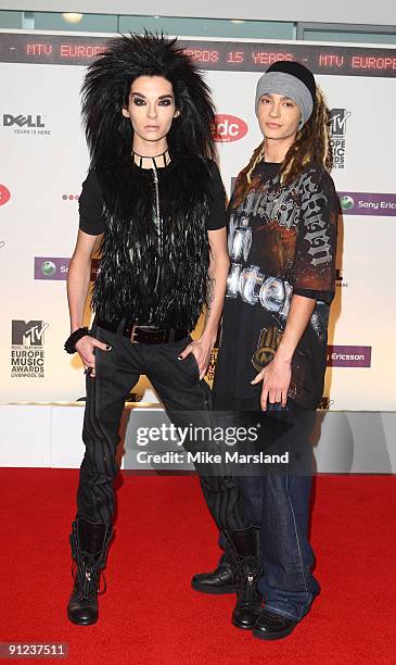 Bill Kaulitz and Tom Kaulitz of Tokio Hotel attend the 2008 MTV Europe Music Awards at the Liverpool Echo Arena on November 6, 2008 in London,...