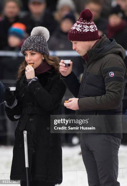 Catherine, Duchess of Cambridge and Prince William, Duke of Cambridge attend a Bandy hockey match where they will learn more about the popularity of...