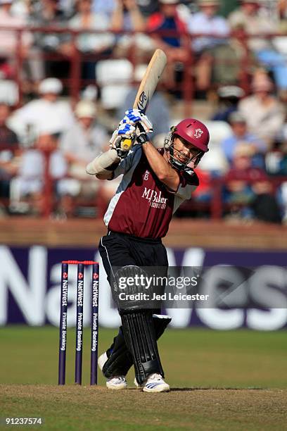 Justin Langer of Somerset ccc makes runs during the NatWest Pro40: Division One match between Somerset and Durham at the County Cricket Ground on...