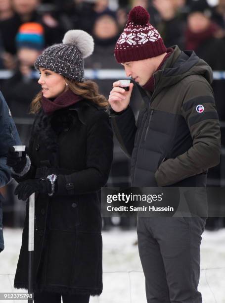 Catherine, Duchess of Cambridge and Prince William, Duke of Cambridge attend a Bandy hockey match where they will learn more about the popularity of...