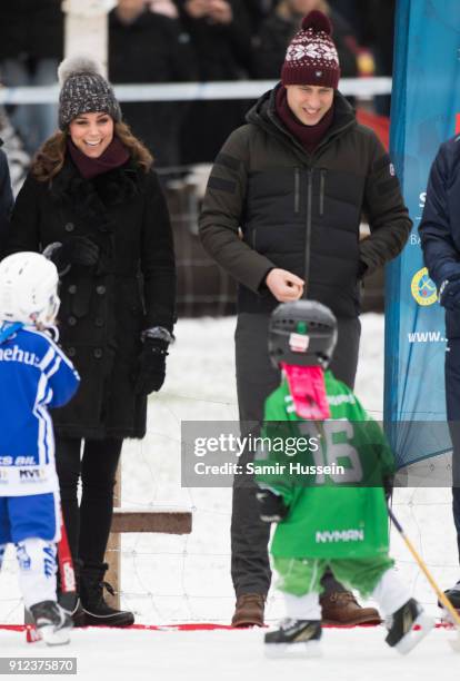 Catherine, Duchess of Cambridge and Prince William, Duke of Cambridge attend a Bandy hockey match where they will learn more about the popularity of...