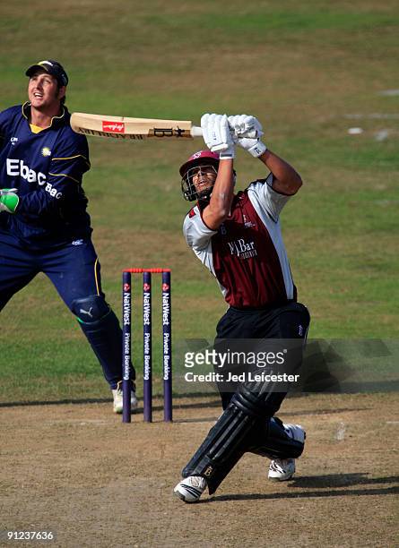 Arul Suppiah of Somerset ccc makes runs during the NatWest Pro40: Division One match between Somerset and Durham at the County Cricket Ground on...