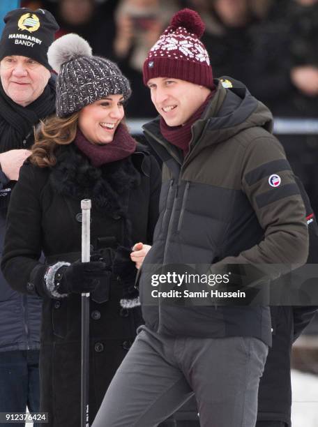 Catherine, Duchess of Cambridge and Prince William, Duke of Cambridge attend a Bandy hockey match where they will learn more about the popularity of...