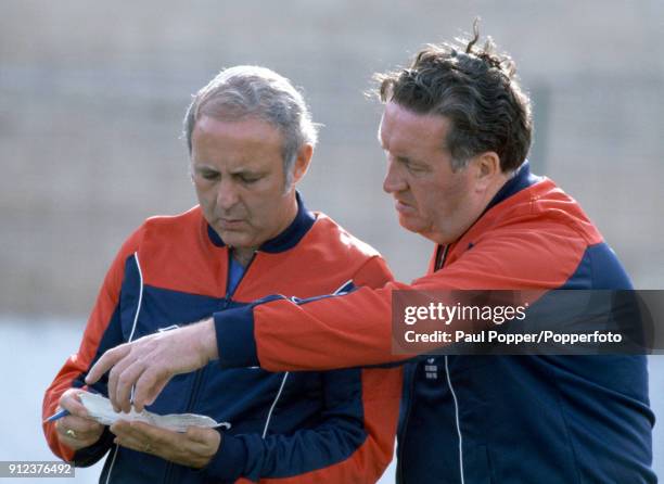 Scotland manager Jock Stein with his assistant Jim McLean during a Scotland training session prior to their FIFA World Cup match against New Zealand...