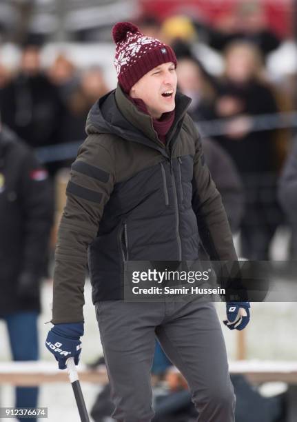 Prince William, Duke of Cambridge plays Bandy hockey during day one of their Royal visit to Sweden and Norway on January 30, 2018 in Stockholm,...