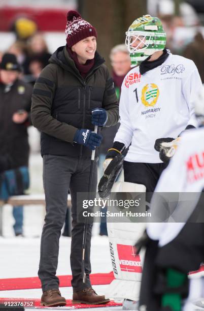 Prince William, Duke of Cambridge plays Bandy hockey during day one of their Royal visit to Sweden and Norway on January 30, 2018 in Stockholm,...