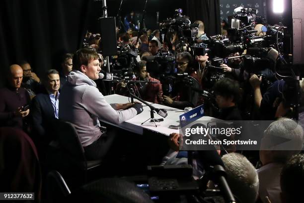 New England Patriots quarterback Tom Brady answers questions during the New England Patriots Press Conference on January 30 at the Mall of America in...