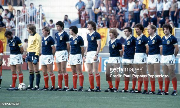 The Scotland team line up prior to the FIFA World Cup match between Scotland and New Zealand at La Rosaleda stadium in Malaga, 15th June 1982....