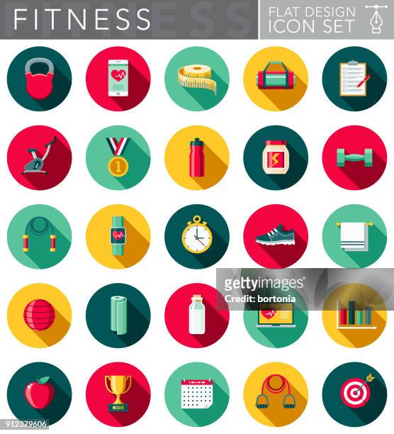 flat design fitness icon set with side shadow - large group of objects sport stock illustrations
