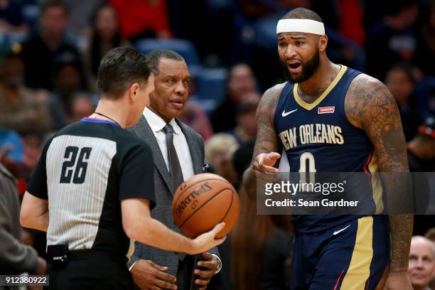 DeMarcus Cousins of the New Orleans Pelicans argues a call with referee Pat Fraher during a NBA game against the Houston Rockets at the Smoothie King...
