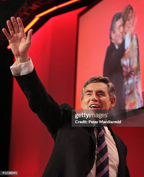Prime Minister Gordon Brown waves after speaking to the Labour Party Conference on September 29, 2009 in Brighton, England. Gordon Brown's speech to...