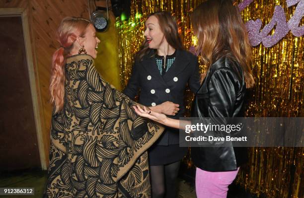 Mary Charteris, Lou Hayter and Sara Macdonald attend the ALEXACHUNG Fantastic collection party on January 30, 2018 in London, England.