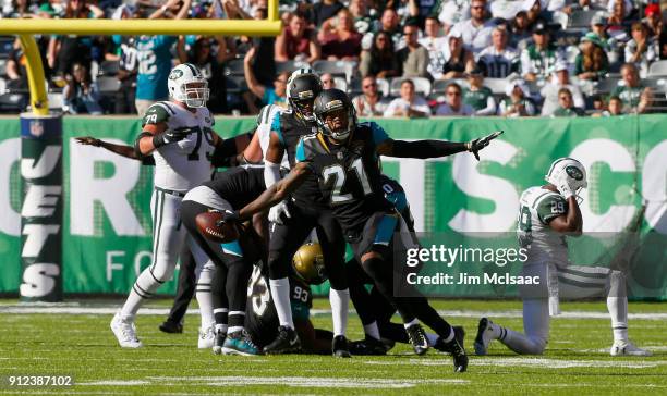 Bouye of the Jacksonville Jaguars in action against the New York Jets on October 1, 2017 at MetLife Stadium in East Rutherford, New Jersey. The Jets...