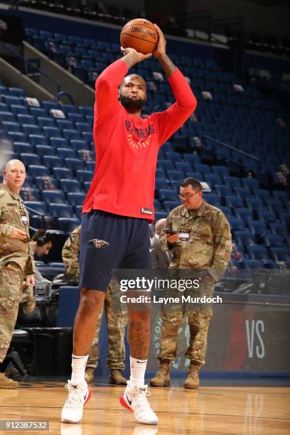 DeMarcus Cousins of the New Orleans Pelicans warms up prior to the game against the Houston Rockets on January 26, 2018 at Smoothie King Center in...