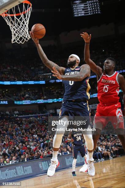 DeMarcus Cousins of the New Orleans Pelicans shoots the ball during the game against the Houston Rockets on January 26, 2018 at Smoothie King Center...