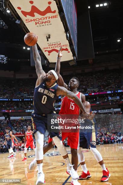 DeMarcus Cousins of the New Orleans Pelicans handles the ball during the game against the Houston Rockets on January 26, 2018 at Smoothie King Center...