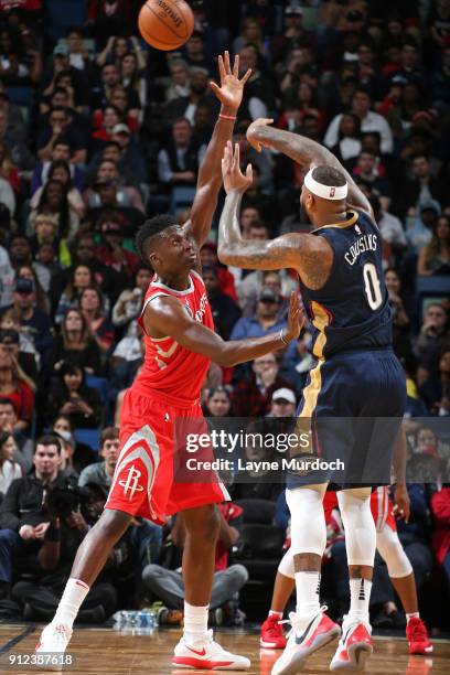 DeMarcus Cousins of the New Orleans Pelicans shoots the ball during the game against the Houston Rockets on January 26, 2018 at Smoothie King Center...