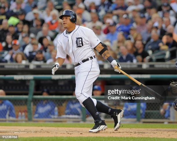 Miguel Cabrera of the Detroit Tigers bats against the Kansas City Royals during the game at Comerica Park on September 16, 2009 in Detroit, Michigan....