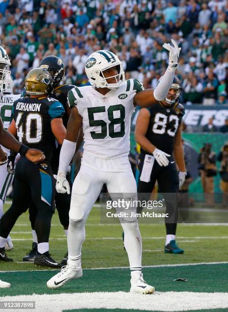 Darron Lee of the New York Jets in action against the Jacksonville Jaguars on October 1, 2017 at MetLife Stadium in East Rutherford, New Jersey. The...